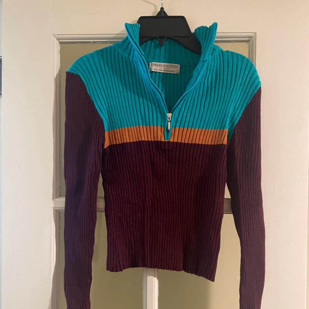 Urban Outfitters Color Block Half Zip Sweater, Size S, Brown and Turquoise